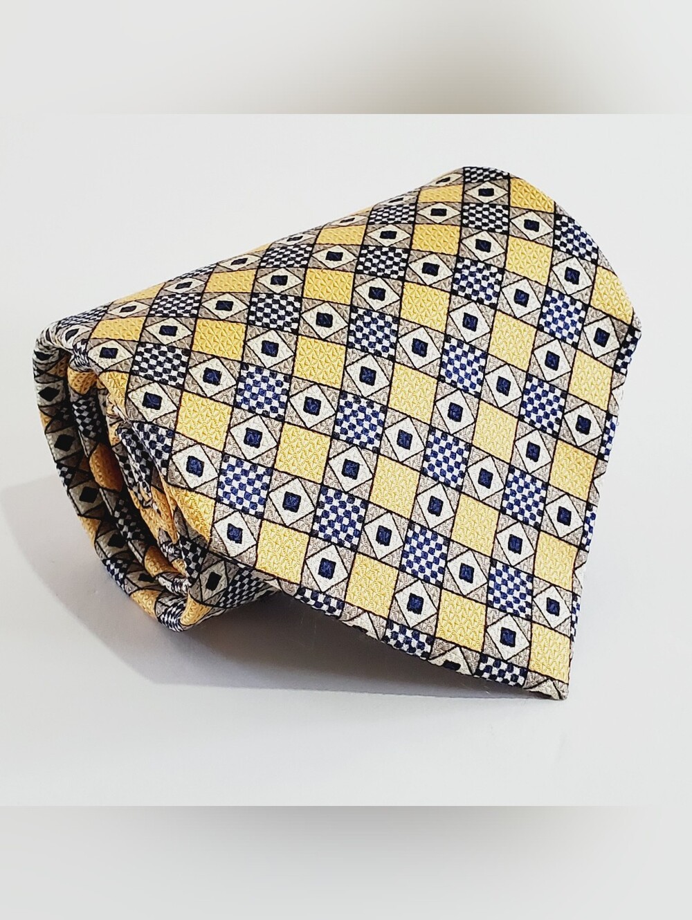 Mark Shale Gold & Blue Geometric Pattern Men's Silk Neck Tie 57x3.75"